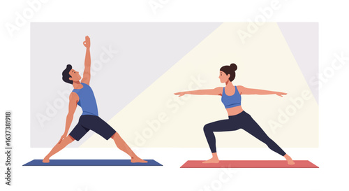 People practice yoga poses woman in warrior 2, man in triangle pose, on yoga mats