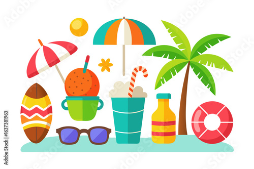 Vibrant summer beach vacation elements offer relaxation and fun with sun, surf and tropical drinks