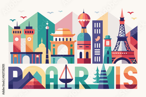 Vibrant Paris landmark collage art, a modern and artistic travel illustration for tourism and design inspiration