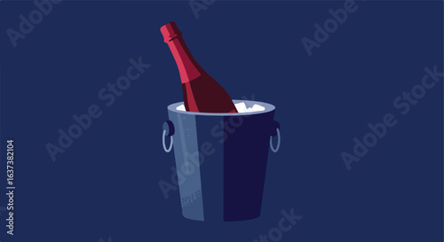 Red bottle in an ice bucket, on a blue background in a simplistic illustration