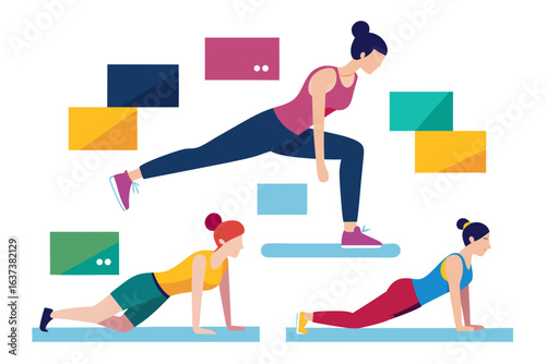 Stay fit with a set of woman stretching poses, ideal for health and wellness promotion, workout illustration