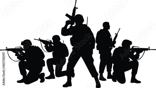 Soldiers with Rifles Silhouette, Combat Formation Military Vector