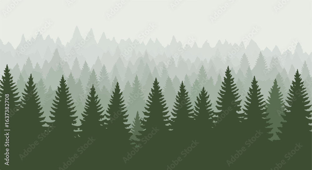 Obraz premium Forest scene featuring dense rows of coniferous trees with fog & layered depth