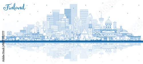 Outline Finland city skyline with blue buildings. Illustration. Concept with historic and modern architecture. Finland cityscape with landmarks. Helsinki. Espoo. Vantaa. Oulu. Turku.