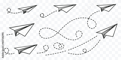 Paper airplanes flying with dotted trails offering concept of freedom travel aspirations and childhood dreams with a sense of adventure and imagination