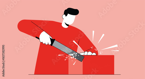 Red illustration of person working with metal file and red block, sparks flying