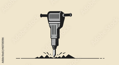 Jackhammer drilling into surface shown with fragments on a neutral background