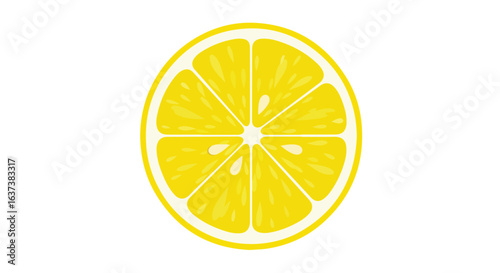 A vibrant, cartoon, single lemon slice with yellow flesh on a white backdrop