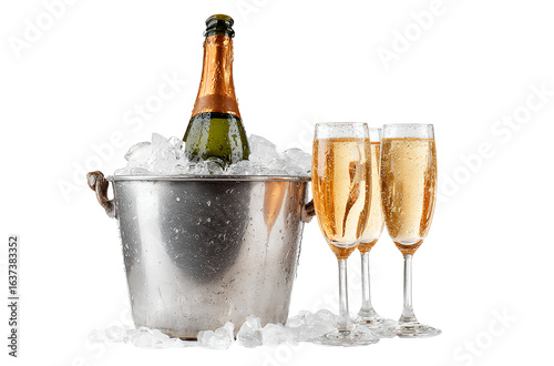ampagne bottle and ice bucket with champagne glasses isolated on a white background, a PNG clipart cutout illustration of a champagne bottle in an icy metal bucket, (3)