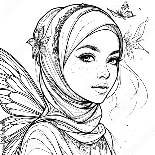 Beautiful Muslim Woman Wearing Hijab Outline Illustration
