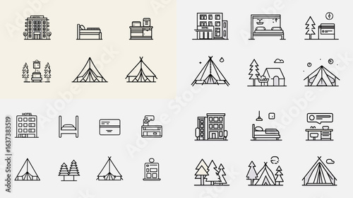 Flat vector icon set of hotels, tents, and travel elements. Ideal for tourism, accommodation, adventure, or camping apps and infographics in modern line design.