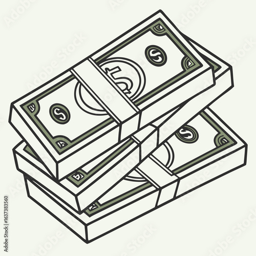 An isometric illustration of three bundled stacks of cash with dollar signs.