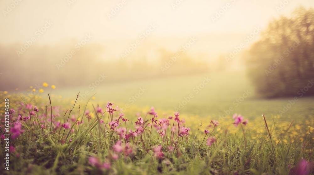 Obraz premium A tranquil sunrise over a lush green field, dewdrops glistening like tiny jewels in the morning light. 