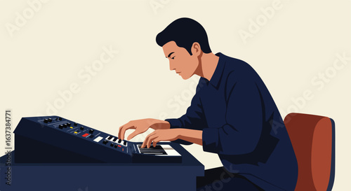 Musician plays synthesizer. Keys in hand, sitting.  Dark blue shirt. Orange chair