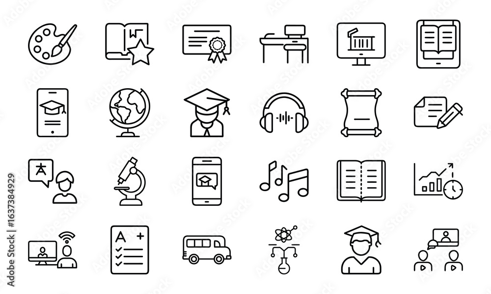 Fototapeta premium 24 Education and School Line Icons Classroom, Online Learning, Graduation, Science, Music, Language, and Study Tools Vector Icon Set for Teachers, Students, and Educational Projects