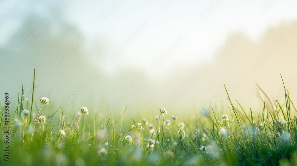 Fototapeta premium A tranquil sunrise over a lush green field, dewdrops glistening like tiny jewels in the morning light.