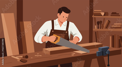 Carpenter working using a hand saw at workbench in a woodshop. Workshop scene