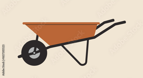 Flat brown cart has black handles and wheel. The background is beige