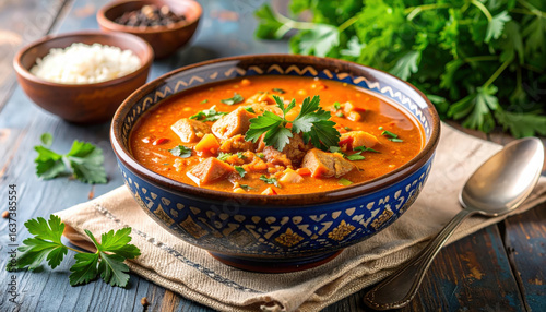 Vibrant Moroccan harira soup served in decorative bowl, garnished with fresh herbs, evokes warmth and comfort