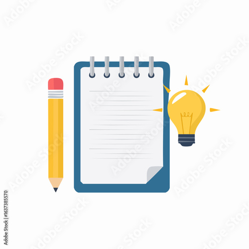 Creative idea and innovation concept symbolized by a light bulb, notepad, and pencil for brainstorming business strategy and planning