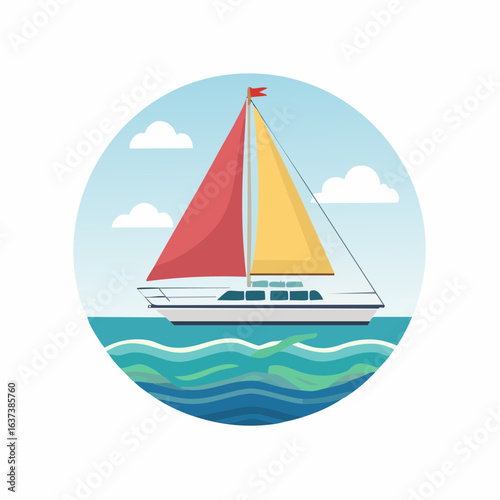 Sailboat illustration with red and yellow sails floating on the sea waves against a blue sky with clouds. Flat style vector icon for travel and leisure