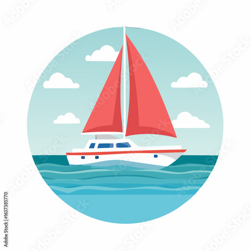 Sailboat with red sails cruising on the ocean waves under a cloudy blue sky. A flat vector illustration of a yacht for travel and leisure concepts