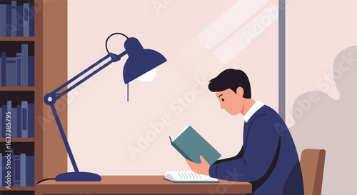 Illustration of a reader, with a book under the light, with a bookshelf aside