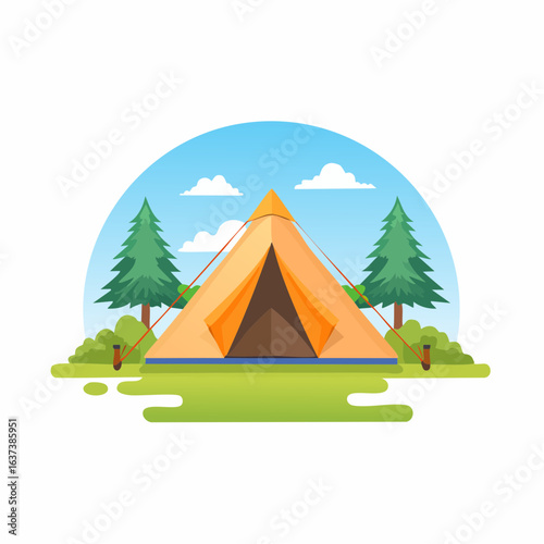 Vector illustration of a serene campsite featuring a bright yellow tent nestled among lush green pine trees under a clear blue sky