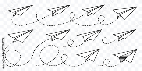 Set of Paper Airplanes Flying with Dotted Trajectories Represents Imagination Dreams Freedom and Childhood Adventures in a Seamless Pattern