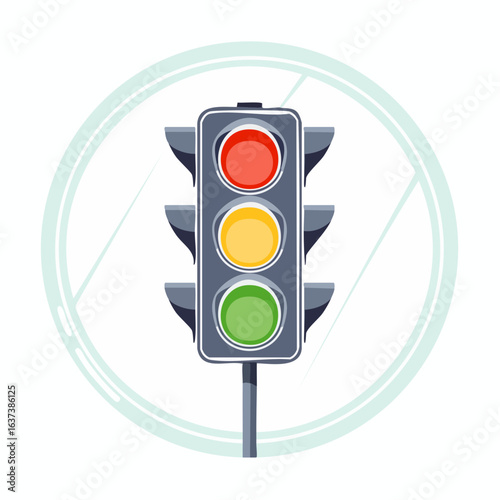 Vector illustration of a traffic signal with red, yellow, and green lights on, symbolizing urban road safety, rules, and transportation control