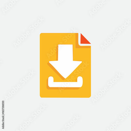 Yellow document download icon with a downward arrow, representing saving files, digital data transfer, and information storage from the internet. Flat design vector illustration