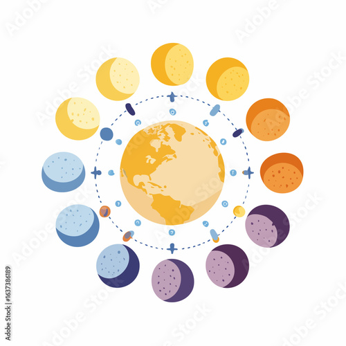 Celestial concept of the lunar cycle showing all moon phases orbiting the Earth on a white background, symbolizing time and space