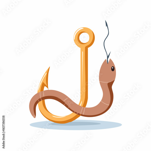 Cartoon illustration of a brown earthworm used as bait on a sharp golden fishing hook, representing a fishing hobby and the concept of a trap