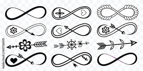 Set of Vector Infinity Symbols with Arrows and Hearts for Designs Representing Love Forever and Limitless Possibilities Perfect for Valentines Day