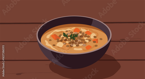 Hearty soup in black bowl on wooden planks, with carrots, broth and parsley garnish