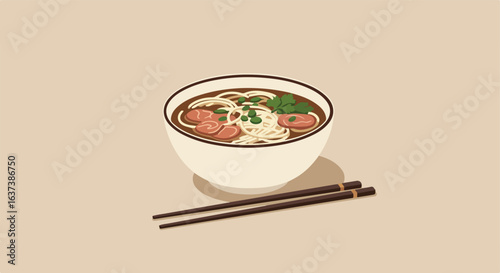 Bowl of noodle soup with meat and vegetables and chopsticks on a plain background