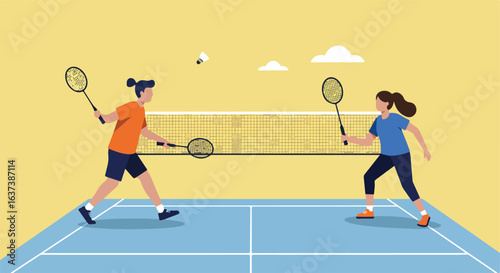 Two players on a court, hitting a shuttlecock during a badminton game illustration