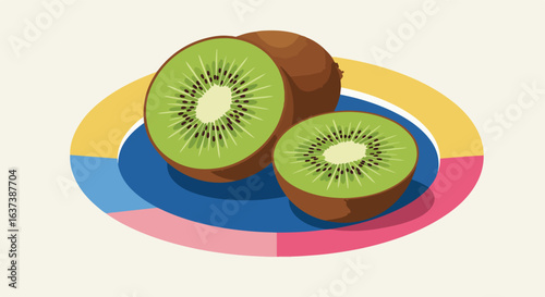 Three kiwis, two halved, sit on a color-blocked round surface; creamy background