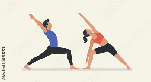 Yoga illustration of a man and woman doing poses for flexibility & relaxation
