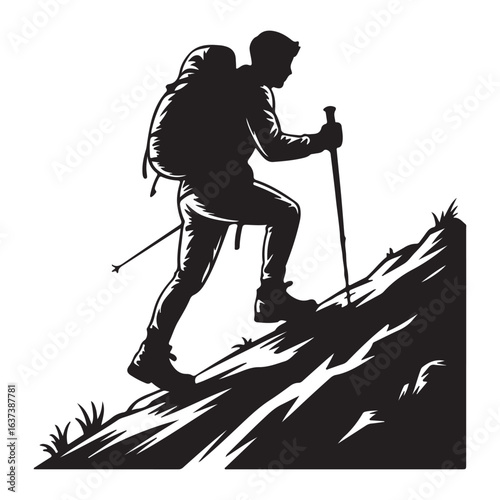 Silhouette of a hiker with a backpack and trekking poles climbing a steep rocky incline