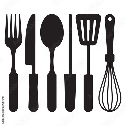 Silhouette collection of essential kitchen utensils including a fork knife spoon spatula and whisk