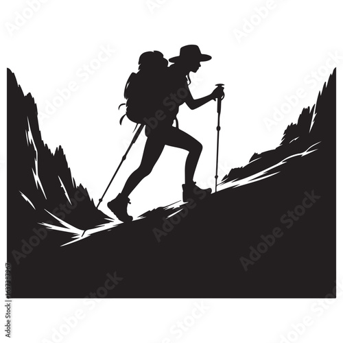 Silhouette of a hiker with trekking poles ascending a steep mountain trail