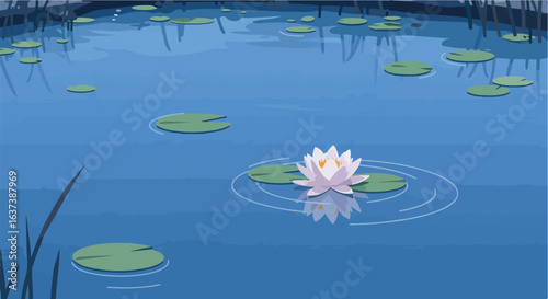 Serene pond scene with lily pads and a single, beautiful water lily bloom