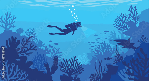 Deep Dive Diver swims among coral reef in blue ocean, light rays & bubbles visible