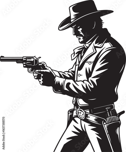 Cowboy Silhouette Drawing Revolver Mid Draw Revolver Angled Outward Action Packed Western Standoff Motif