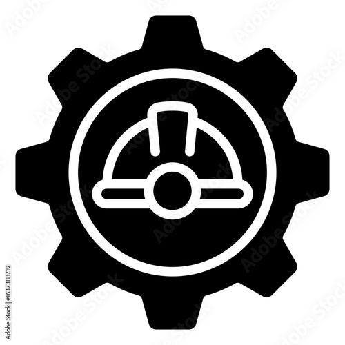 Skill Optimization Glyph Black Silhouette Icon Design Vector - safety helmet inside a gear, symbolizing skill control, optimization, and productivity enhancement