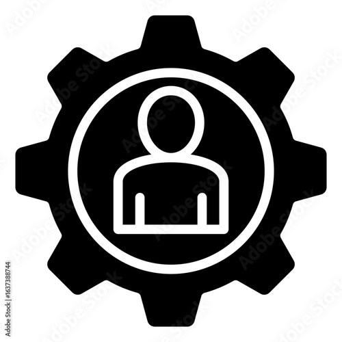 Team Management Glyph Black Silhouette Icon Design Vector - person inside a gear symbolizing leadership, team coordination, and strategic management roles