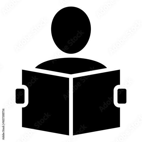 Training Manual Glyph Black Silhouette Icon Design Vector - person reading an open manual, representing training, learning, or onboarding processes in a company