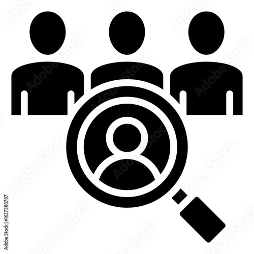 Candidate Search Glyph Black Silhouette Icon Design Vector - Magnifying glass over a person in a crowd, visualizing recruitment, HR selection, or talent acquisition