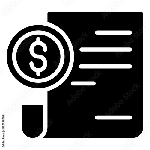 Financial Report Glyph Black Silhouette Icon Design Vector - financial document with a dollar sign magnifier, representing budget analysis or auditing